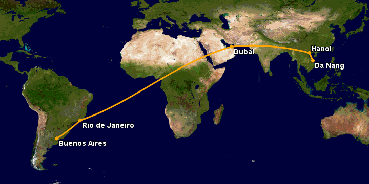 Bay từ Đà Nẵng đến Buenos Aires qua Hà Nội, Dubai, Rio de Janeiro