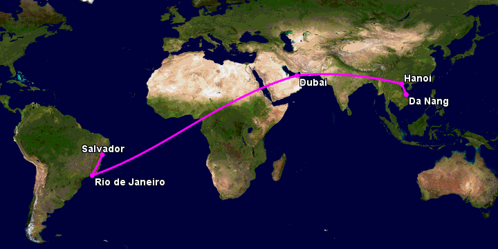 Bay từ Đà Nẵng đến Salvador qua Hà Nội, Dubai, Rio de Janeiro