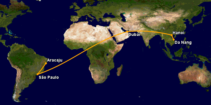 Bay từ Đà Nẵng đến Aracaju qua Hà Nội, Dubai, Sao Paulo