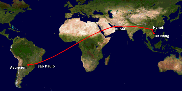 Bay từ Đà Nẵng đến Asuncion qua Hà Nội, Dubai, Sao Paulo
