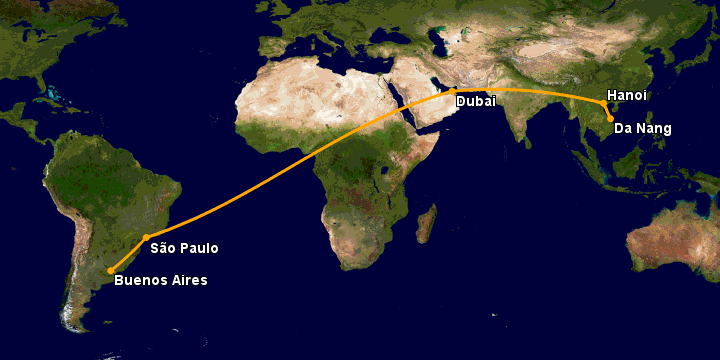 Bay từ Đà Nẵng đến Buenos Aires qua Hà Nội, Dubai, Sao Paulo