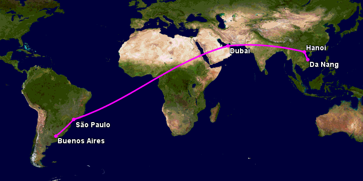 Bay từ Đà Nẵng đến Buenos Aires qua Hà Nội, Dubai, Sao Paulo