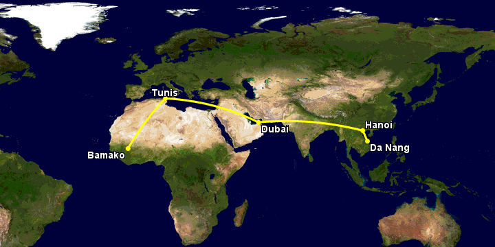 Bay từ Đà Nẵng đến Bamako qua Hà Nội, Dubai, Tunis