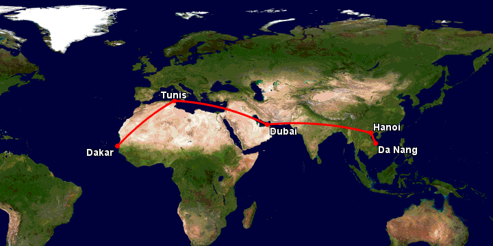 Bay từ Đà Nẵng đến Dakar qua Hà Nội, Dubai, Tunis