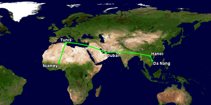Bay từ Đà Nẵng đến Niamey qua Hà Nội, Dubai, Tunis