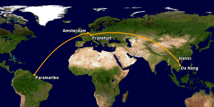 Bay từ Đà Nẵng đến Paramaribo qua Hà Nội, Frankfurt, Amsterdam