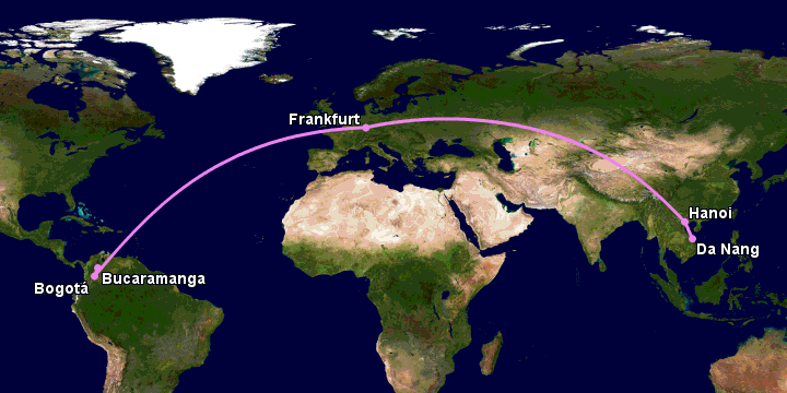 Bay từ Đà Nẵng đến Bucaramanga qua Hà Nội, Frankfurt, Bogotá