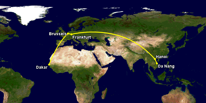 Bay từ Đà Nẵng đến Dakar qua Hà Nội, Frankfurt, Brussels