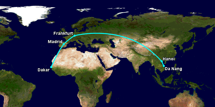 Bay từ Đà Nẵng đến Dakar qua Hà Nội, Frankfurt, Madrid