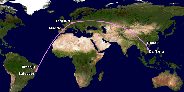 Bay từ Đà Nẵng đến Aracaju qua Hà Nội, Frankfurt, Madrid, Salvador