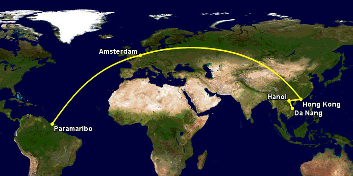 Bay từ Đà Nẵng đến Paramaribo qua Hà Nội, Hong Kong, Amsterdam