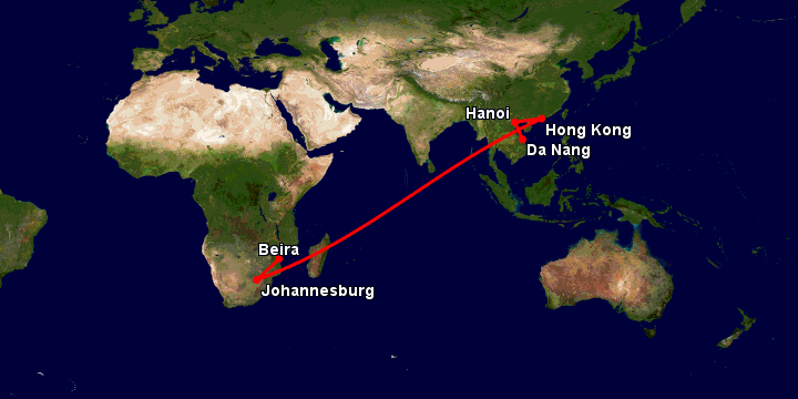 Bay từ Đà Nẵng đến Beira qua Hà Nội, Hong Kong, Johannesburg