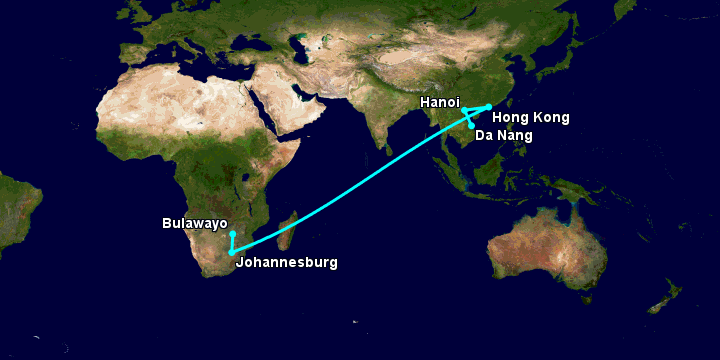 Bay từ Đà Nẵng đến Bulawayo qua Hà Nội, Hong Kong, Johannesburg