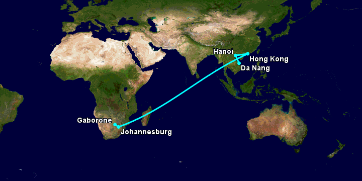 Bay từ Đà Nẵng đến Gaborone qua Hà Nội, Hong Kong, Johannesburg