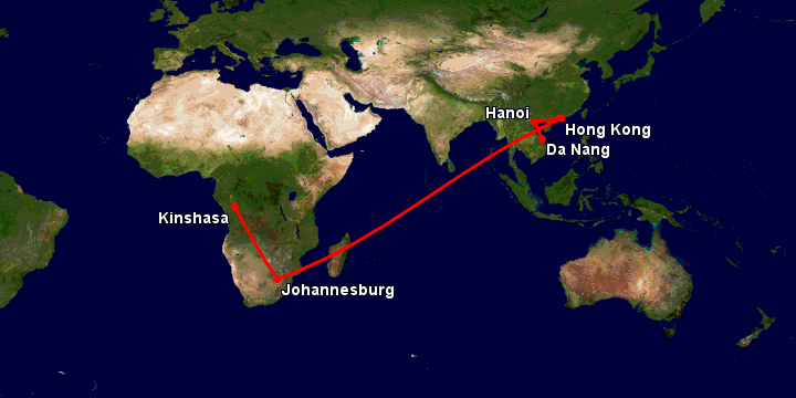 Bay từ Đà Nẵng đến Kinshasa Ndjili qua Hà Nội, Hong Kong, Johannesburg