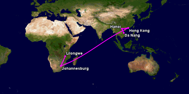Bay từ Đà Nẵng đến Lilongwe qua Hà Nội, Hong Kong, Johannesburg