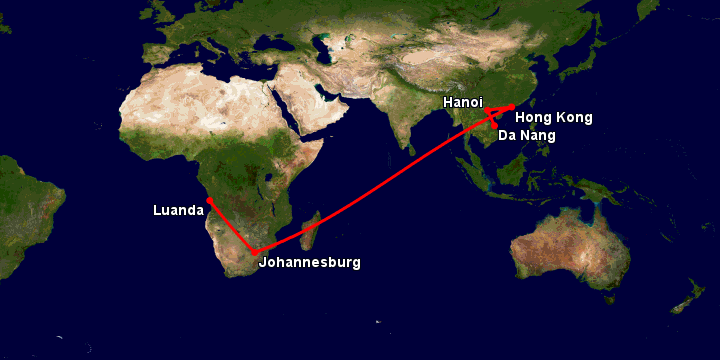 Bay từ Đà Nẵng đến Luanda qua Hà Nội, Hong Kong, Johannesburg