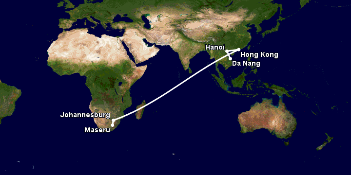 Bay từ Đà Nẵng đến Maseru qua Hà Nội, Hong Kong, Johannesburg