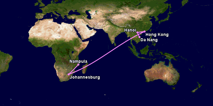 Bay từ Đà Nẵng đến Nampula qua Hà Nội, Hong Kong, Johannesburg