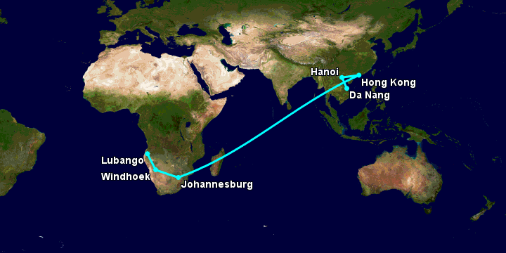 Bay từ Đà Nẵng đến Lubango qua Hà Nội, Hong Kong, Johannesburg, Windhoek