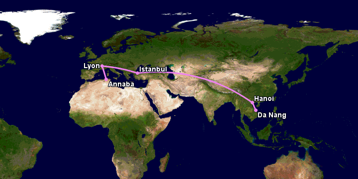 Bay từ Đà Nẵng đến Annaba qua Hà Nội, Istanbul, Lyon