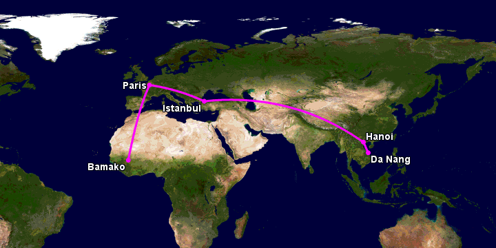Bay từ Đà Nẵng đến Bamako qua Hà Nội, Istanbul, Paris