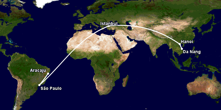 Bay từ Đà Nẵng đến Aracaju qua Hà Nội, Istanbul, Sao Paulo