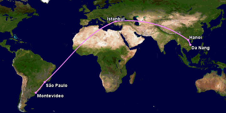 Bay từ Đà Nẵng đến Montevideo qua Hà Nội, Istanbul, Sao Paulo