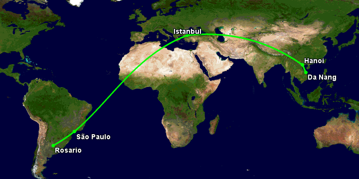 Bay từ Đà Nẵng đến Rosario qua Hà Nội, Istanbul, Sao Paulo