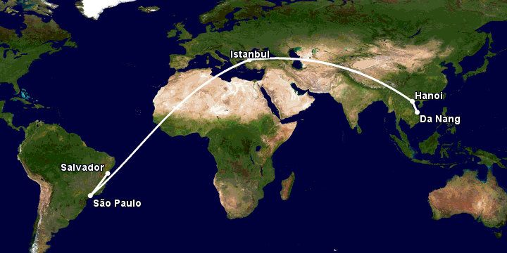 Bay từ Đà Nẵng đến Salvador qua Hà Nội, Istanbul, Sao Paulo