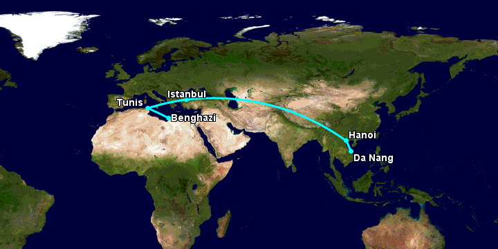Bay từ Đà Nẵng đến Benghazi qua Hà Nội, Istanbul, Tunis
