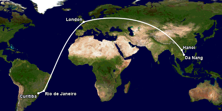 Bay từ Đà Nẵng đến Curitiba qua Hà Nội, London, Rio de Janeiro