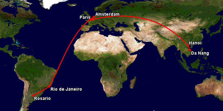 Bay từ Đà Nẵng đến Rosario qua Hà Nội, Paris, Amsterdam, Rio de Janeiro