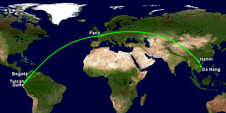 Bay từ Đà Nẵng đến Tulcan qua Hà Nội, Paris, Bogotá, Quito