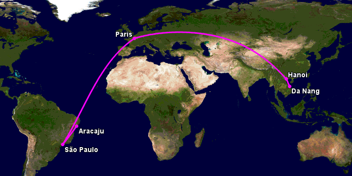 Bay từ Đà Nẵng đến Aracaju qua Hà Nội, Paris, Sao Paulo
