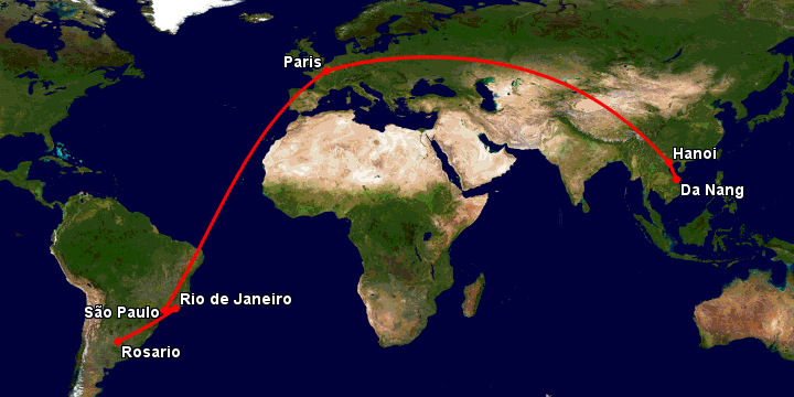 Bay từ Đà Nẵng đến Rosario qua Hà Nội, Paris, Sao Paulo, Rio de Janeiro