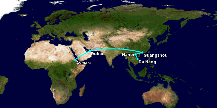 Bay từ Đà Nẵng đến Asmara qua Hà Nội, Quảng Châu, Dubai