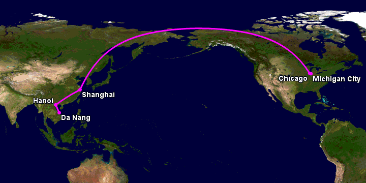 Bay từ Đà Nẵng đến Michigan City qua Hà Nội, Thượng Hải, Chicago