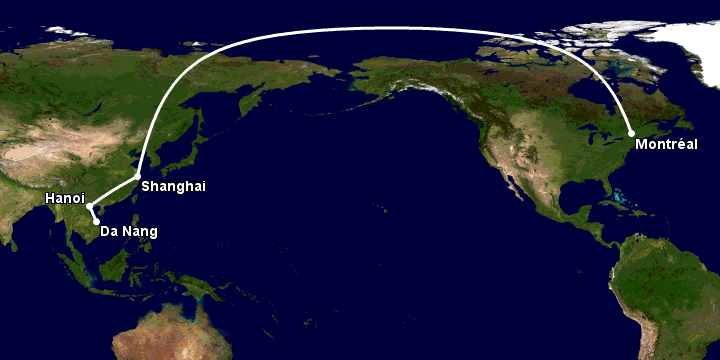 Bay từ Đà Nẵng đến Montreal qua Hà Nội, Thượng Hải