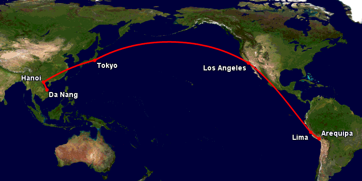 Bay từ Đà Nẵng đến Arequipa qua Hà Nội, Tokyo, Los Angeles, Lima