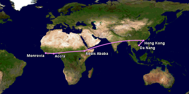 Bay từ Đà Nẵng đến Monrovia Rob qua Hong Kong, Addis Ababa, Accra