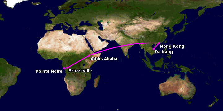 Bay từ Đà Nẵng đến Pointe Noire qua Hong Kong, Addis Ababa, Brazzaville