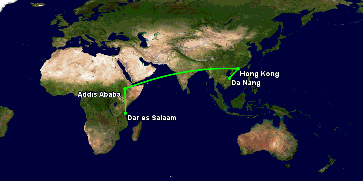Bay từ Đà Nẵng đến Dar Es Salaam qua Hong Kong, Addis Ababa