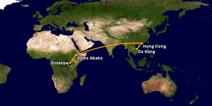 Bay từ Đà Nẵng đến Entebbe qua Hong Kong, Addis Ababa