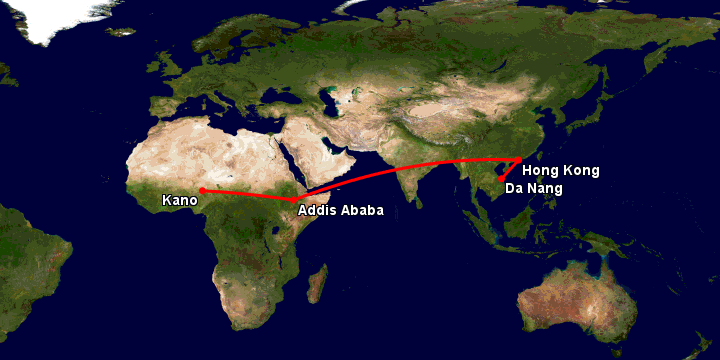 Bay từ Đà Nẵng đến Kano qua Hong Kong, Addis Ababa