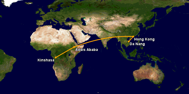 Bay từ Đà Nẵng đến Kinshasa Ndjili qua Hong Kong, Addis Ababa