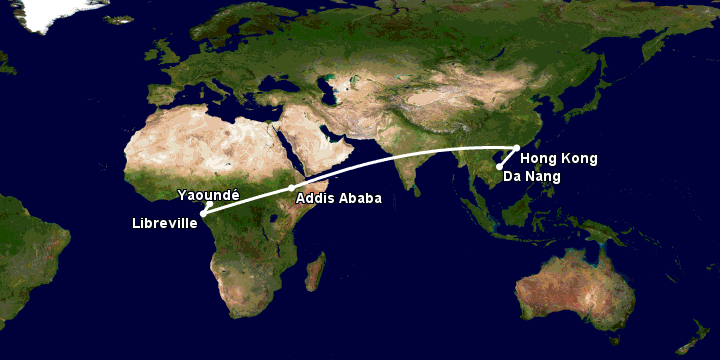 Bay từ Đà Nẵng đến Yaounde qua Hong Kong, Addis Ababa, Libreville