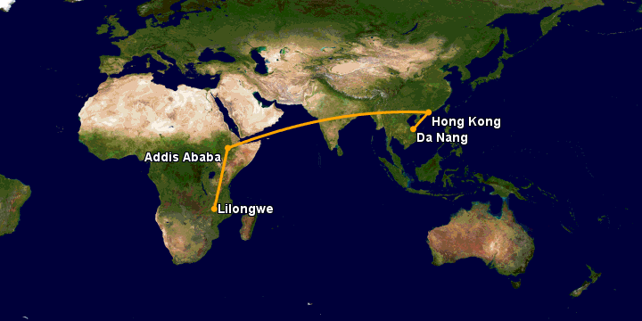 Bay từ Đà Nẵng đến Lilongwe qua Hong Kong, Addis Ababa
