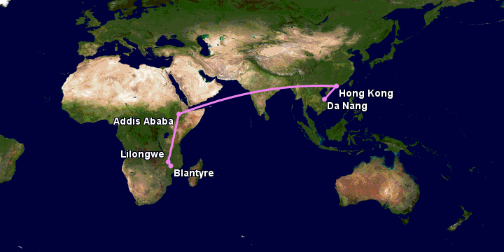 Bay từ Đà Nẵng đến Blantyre qua Hong Kong, Addis Ababa, Lilongwe