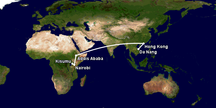 Bay từ Đà Nẵng đến Kisumu qua Hong Kong, Addis Ababa, Nairobi